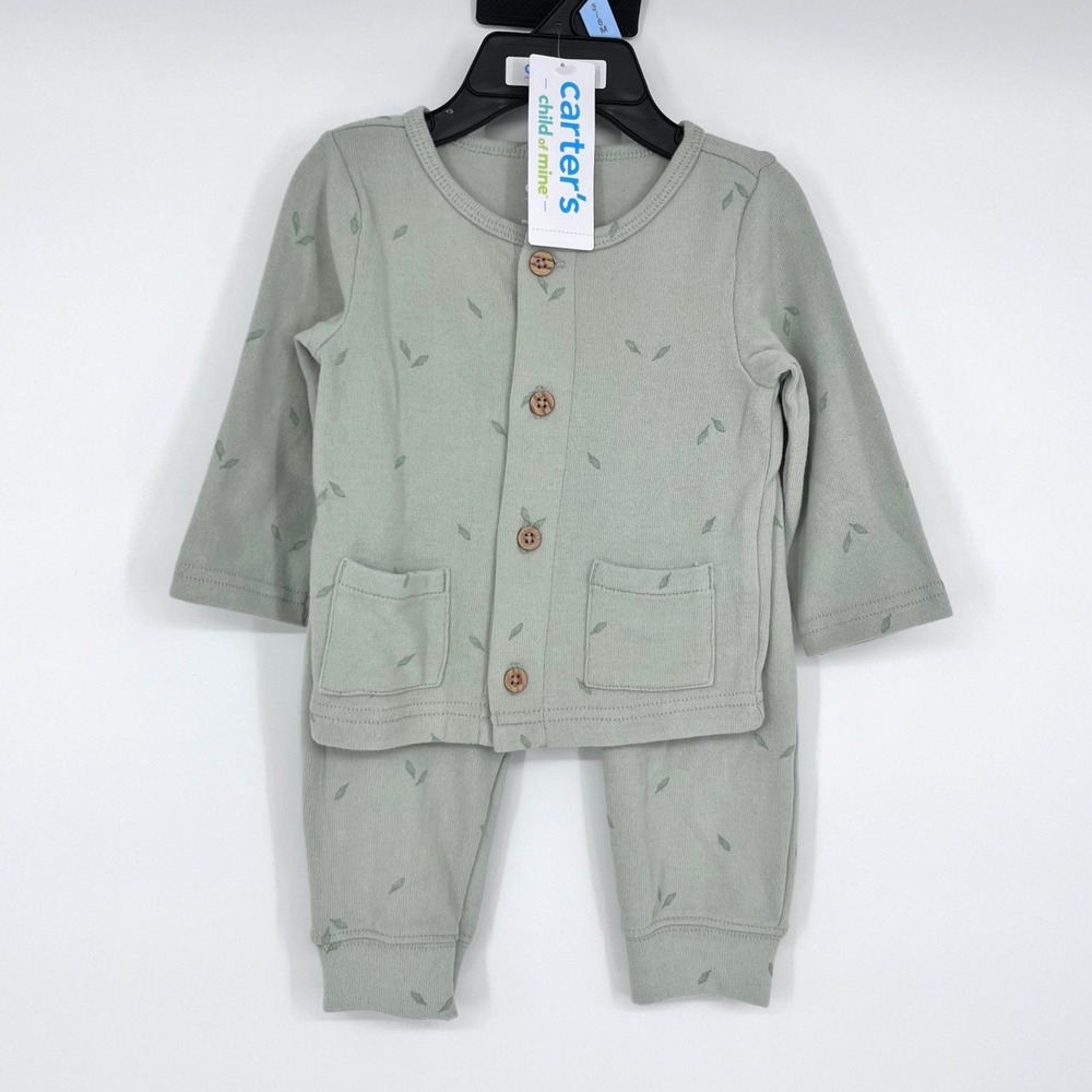 Carters Child of Mine 2-Piece Set Kids 3-6M Sage Green Leaf Print Cardigan Pants